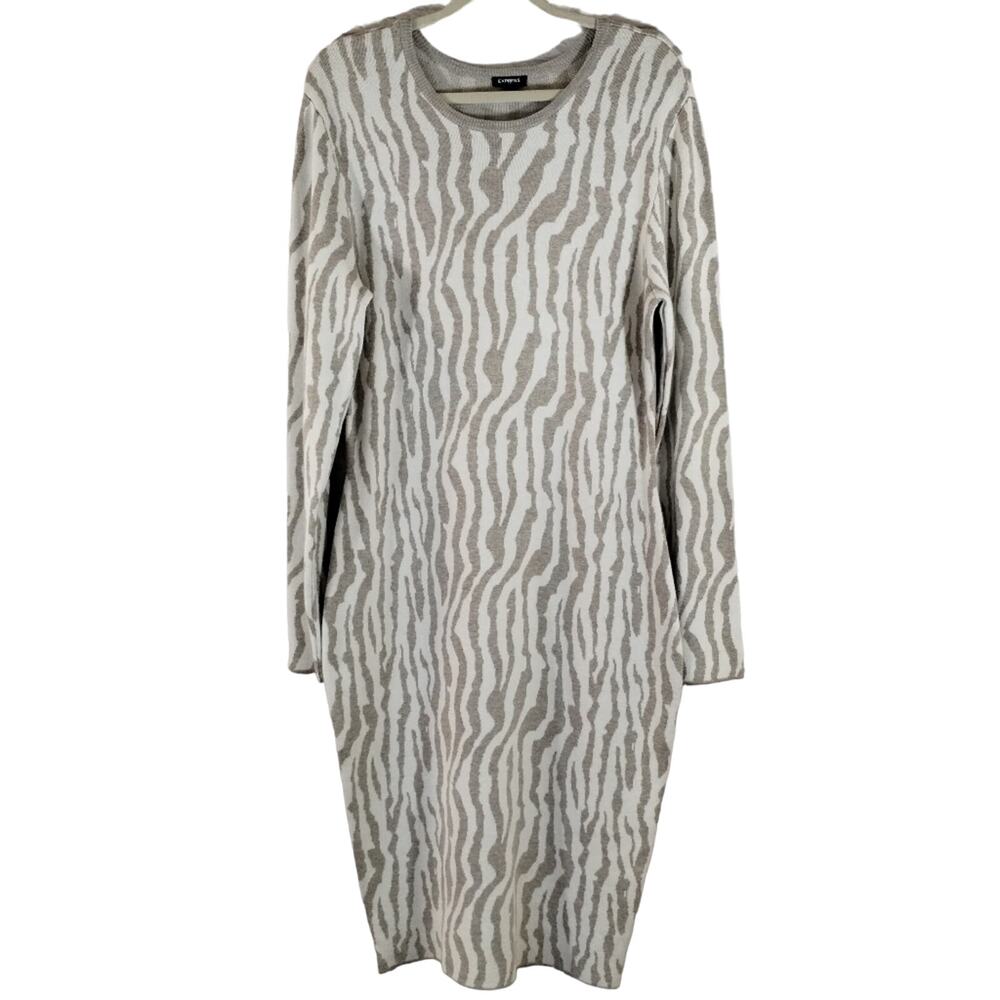 L Express Womens Cream Taupe Zebra Print Curvy Long Sleeve Midi Sweater Dress L